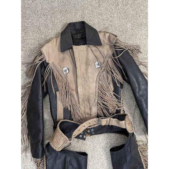 VTG UNIK Jacket Womens Medium Black Tan Leather Fringe Western Motorcycle Chaps - Picture 2 of 16